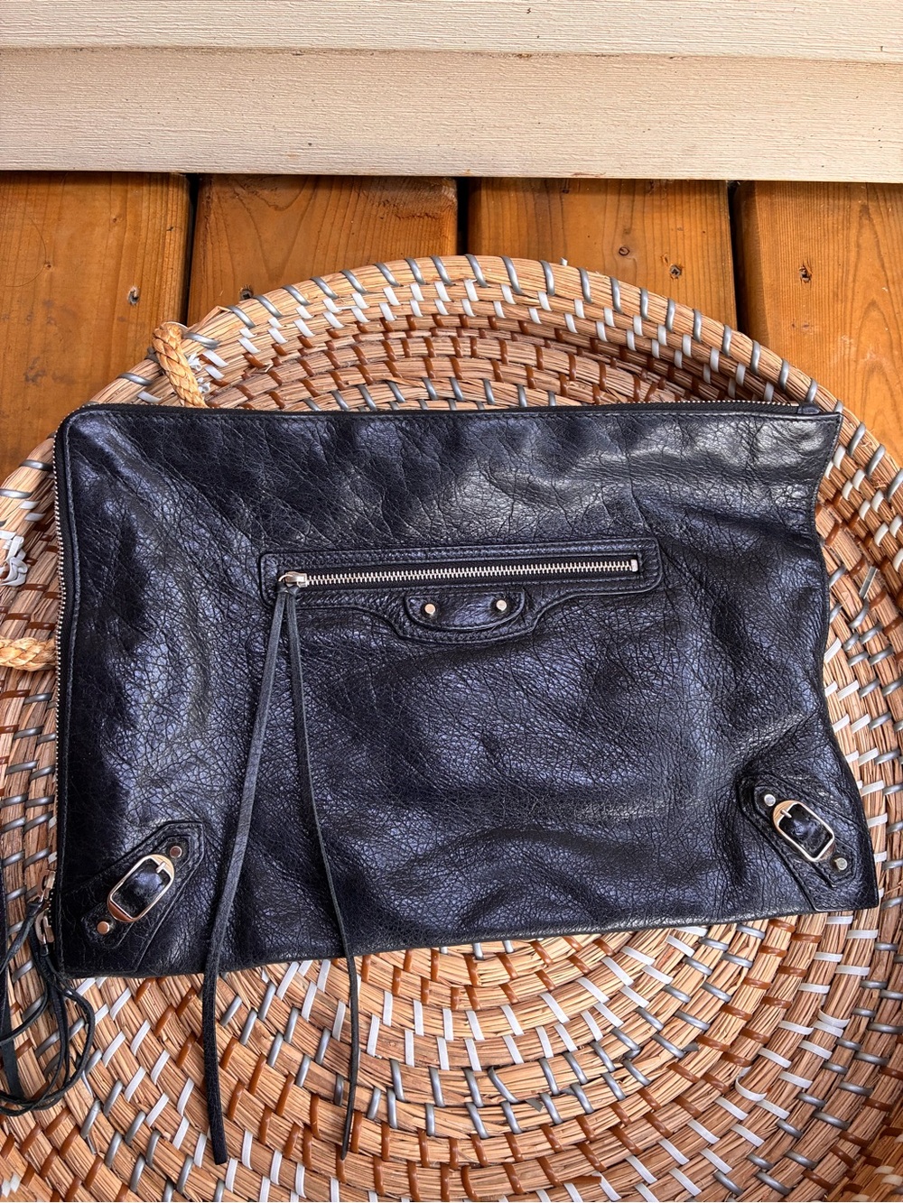 Balenciaga Black Leather Zip Tassel Clutch ( authentic)